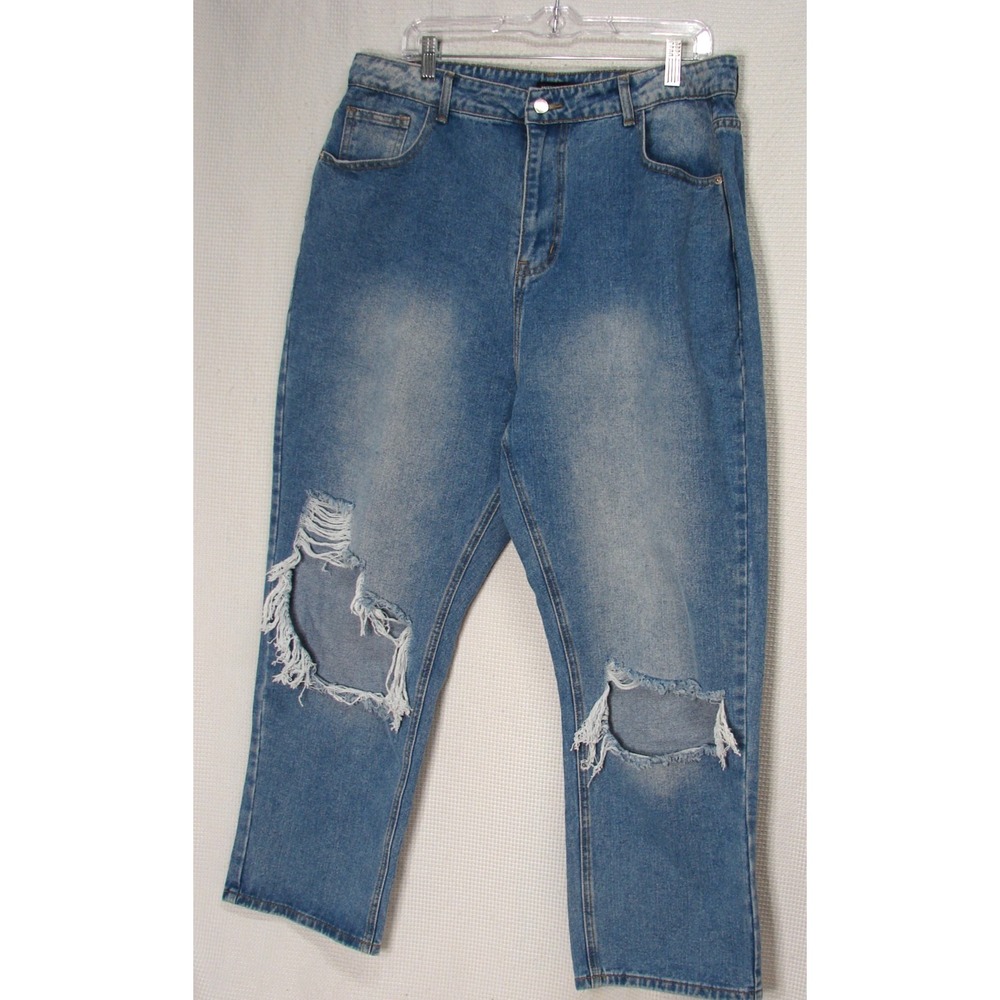 New Pretty Little Thing Jeans Medium Wash Boyfriend Ripped Knee US Size 12